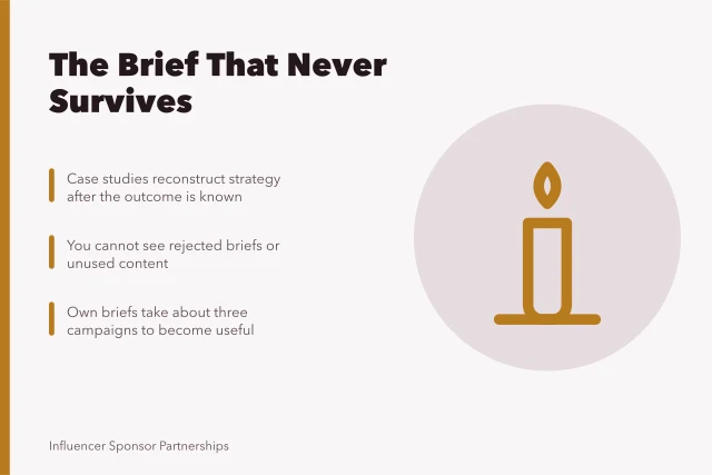 Card about missing campaign briefs in case studies. Why the campaign brief is always the missing document in a case study