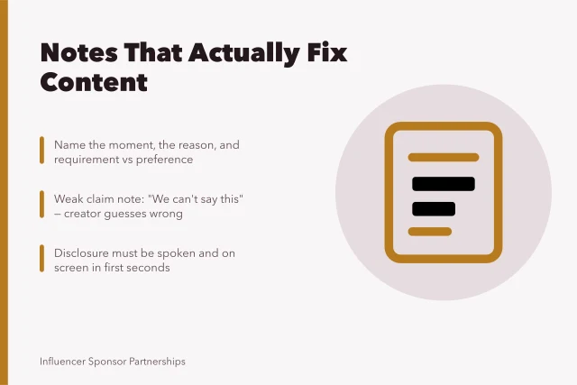 Card listing parts of a usable content approval note. Which content approval note actually changes what gets fixed