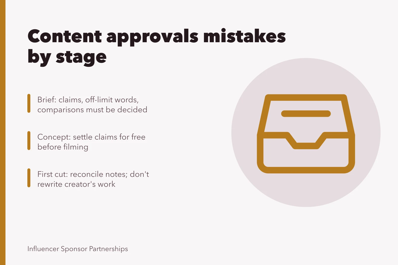 Card listing content approval mistakes at brief, concept, and first cut stages. Spotting content approvals mistakes before they cost money