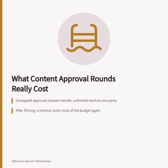 Card explaining content approval rounds, revision costs, and unbounded review clauses. 6 things nobody tells you about content approvals rates