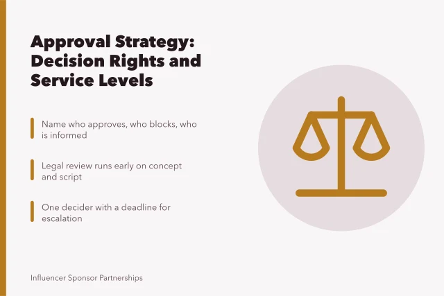 Card summarizing content approval decision rights, review lanes, and escalation. 7 details of content approvals strategy people miss