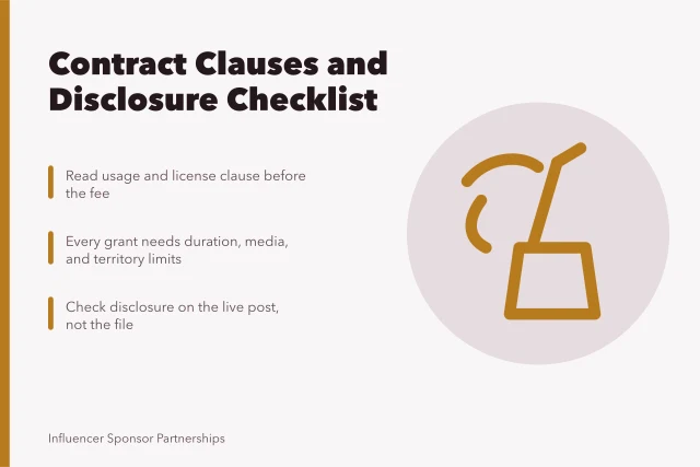 Checklist card for contract clauses and pre-publication disclosure review. Contracts and disclosure checklist for the careful reader for 2027