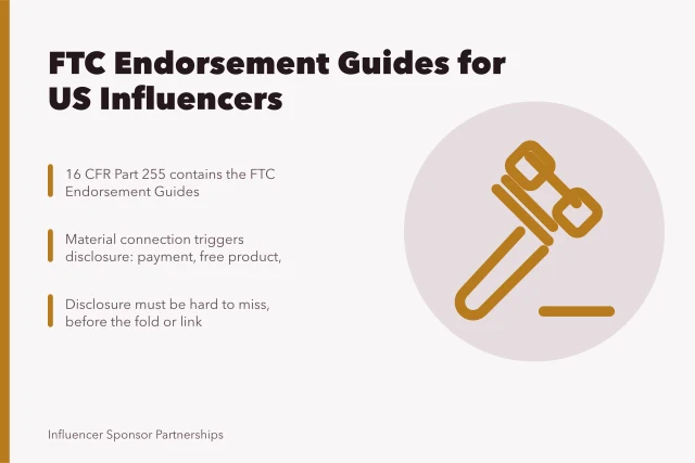 FTC Endorsement Guides card for US influencer disclosure compliance. FTC endorsement guides explained for US influencer campaigns