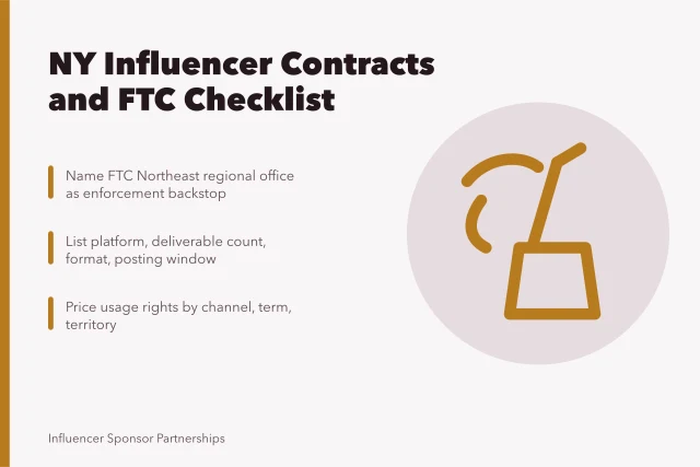 Checklist card for New York influencer contracts and FTC endorsement rules. New York agency contracts and the FTC regional office, a checklist