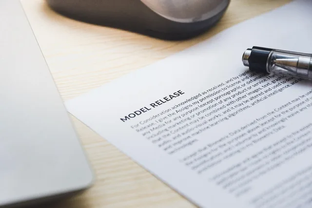 paper, model release, form, document, signing, pen, desk, agreement, business, contract, signature. Influencer sponsor partnerships: a US brand's first-campaign compliance map