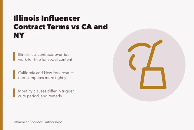 Comparison of Illinois, California, and New York influencer contract terms. Illinois influencer contracts compared with California and New York terms