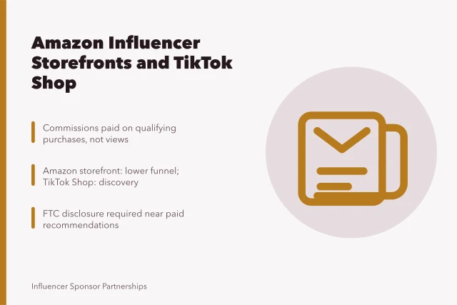 Card explaining Amazon Influencer storefront commissions and TikTok Shop attribution. Seattle ecommerce brands and the Amazon influencer program explained