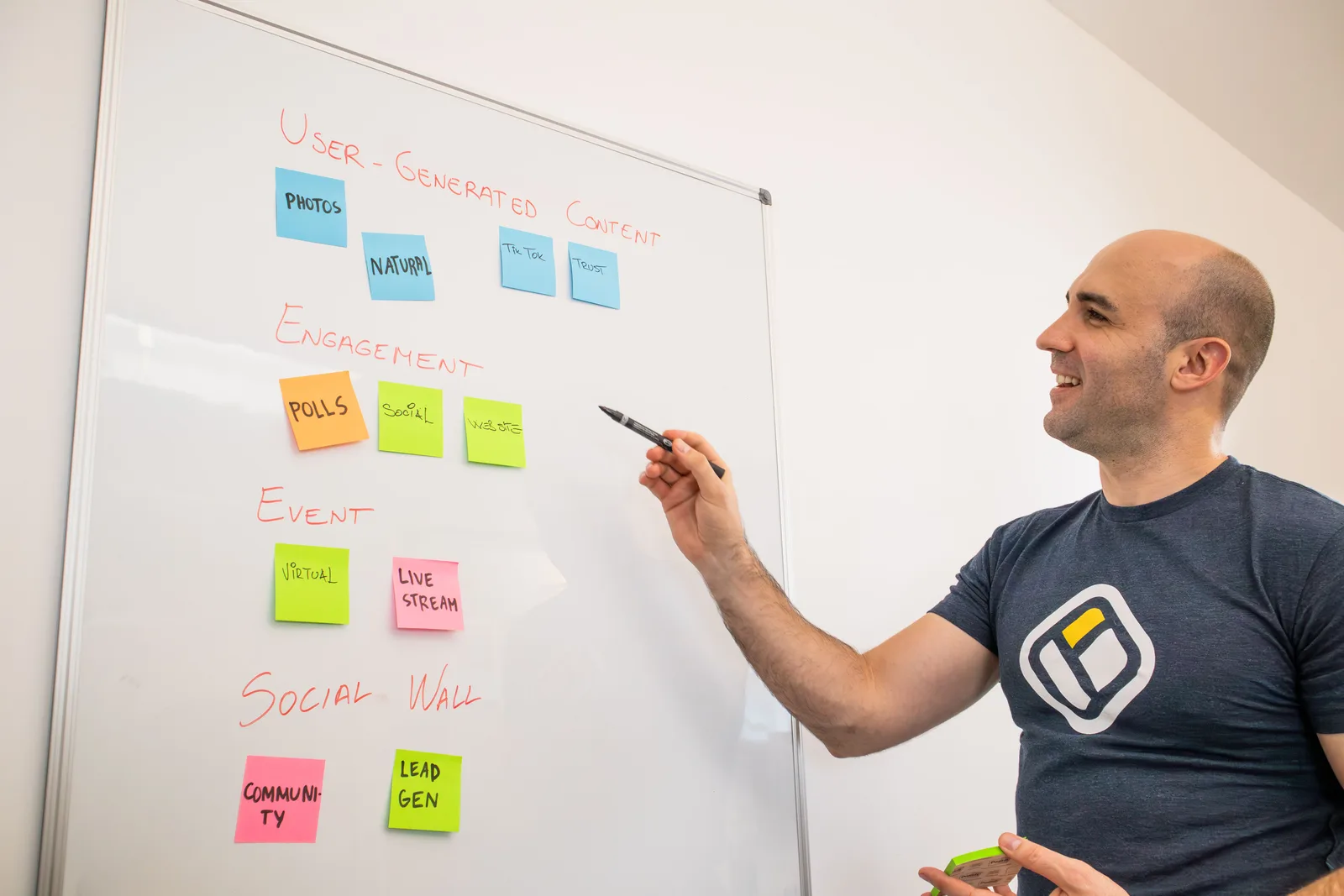 Smiling man presents strategies on a whiteboard with post-its, focusing on engagement and user-generated content. Influencer strategy and objectives mistakes to avoid