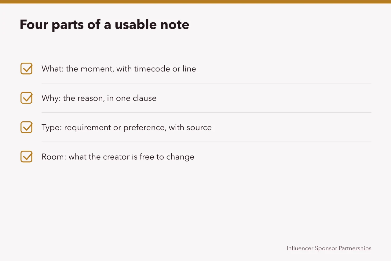 Checklist of the four parts every content approval note needs (Which content approval note actually changes what gets fixed)