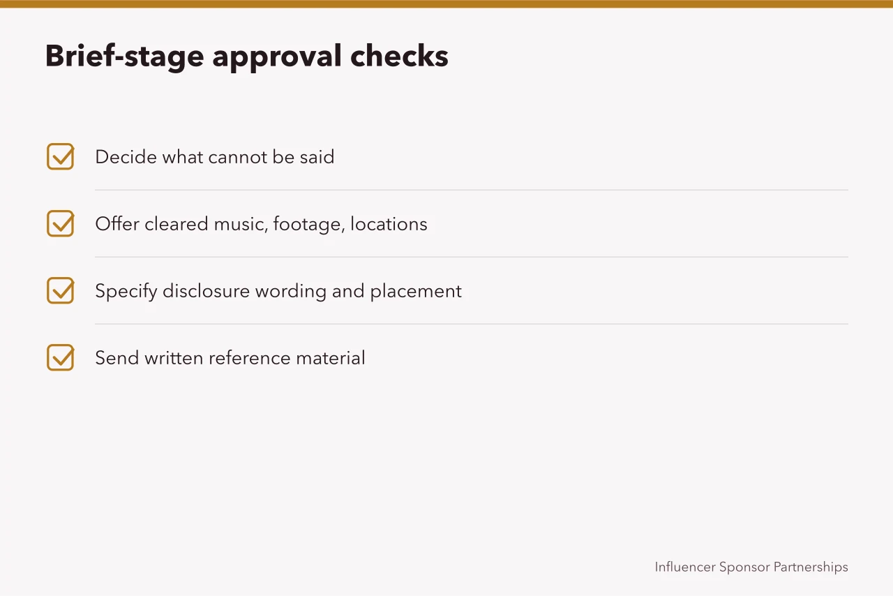 Checklist of four brief-stage items: claims, clearances, disclosure, references (Spotting content approvals mistakes before they cost money)