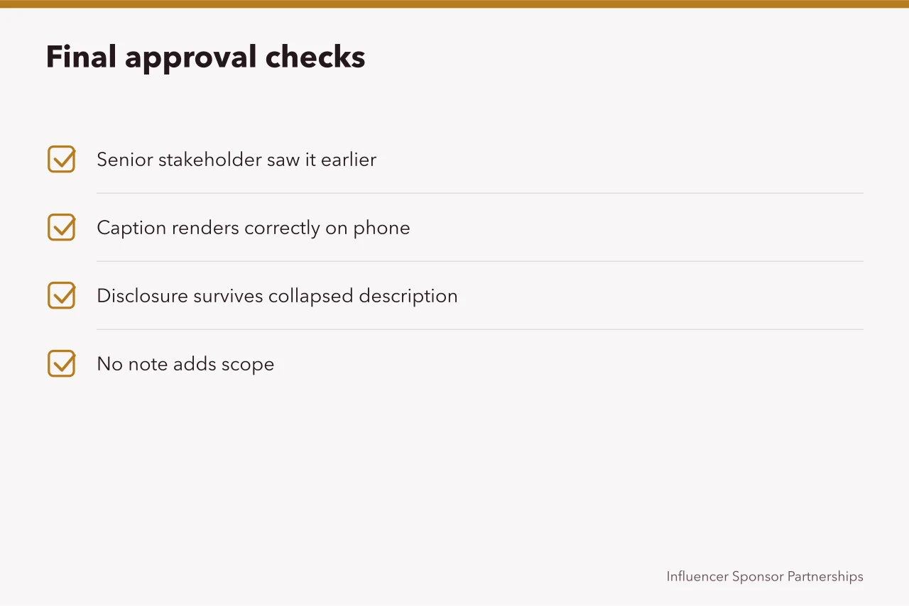 Checklist for final approval: stakeholders, caption, disclosure, scope (Spotting content approvals mistakes before they cost money)