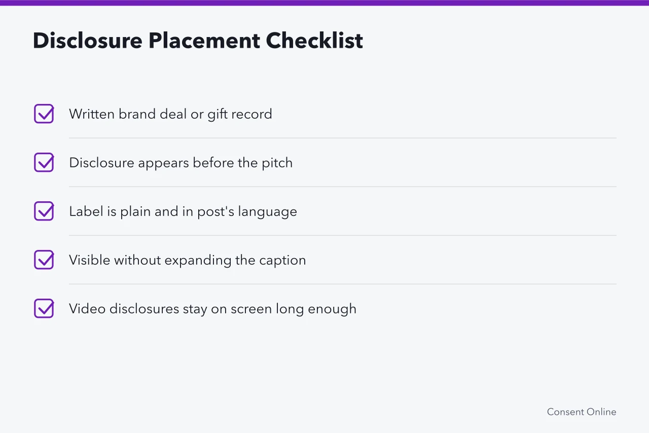 Checklist for placing FTC disclosures in creator posts (FTC endorsement guides for American creator posts and licensed image reuse)
