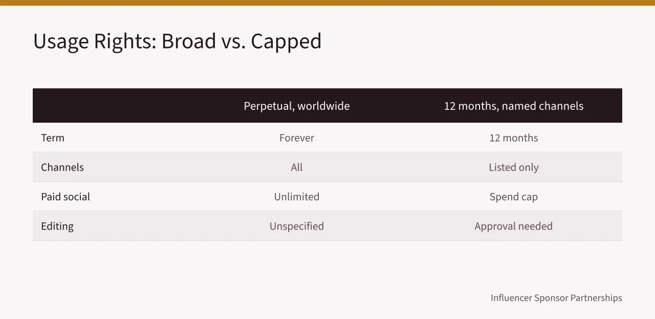 Comparison table of broad versus capped usage rights (Influencer Sponsorship Contracts: What US Brands Must Put in Writing)